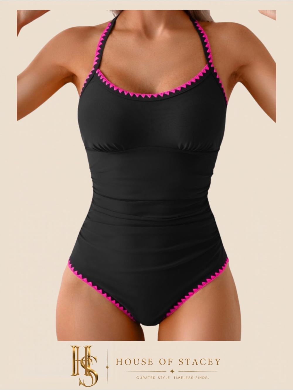 XL Black One Piece Swimsuit Pink Trim Ruched Tummy Control NWT